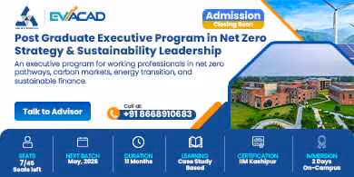Advertisement for PG Executive Program in Net Zero Strategy & Sustainability Leadership by IIM Kashipur and EVACAD, highlighting learning from faculty, live projects, and alumni status with a call-to-action button.