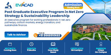 Advertisement for PG Executive Program in Net Zero Strategy & Sustainability Leadership by IIM Kashipur and EVACAD, highlighting learning from faculty, live projects, and alumni status with a call-to-action button.