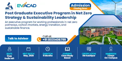 Advertisement for PG Executive Program in Net Zero Strategy & Sustainability Leadership by IIM Kashipur and EVACAD, highlighting learning from faculty, live projects, and alumni status with a call-to-action button.