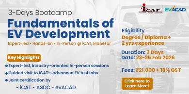 Advertisement for a 3-day Fundamentals of EV Development bootcamp at iCAT Manesar, highlighting expert-led, hands-on sessions, eligibility criteria, duration, start date, fees, and a call to action button.