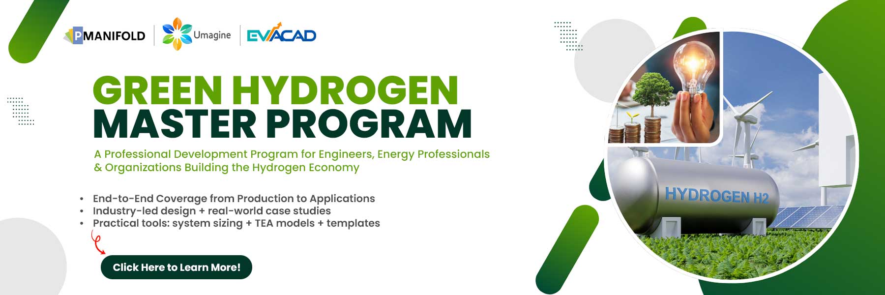 Banner for Green Hydrogen Master Program showing hydrogen storage tank, wind turbines, solar panels, and icons of green growth and energy innovation.