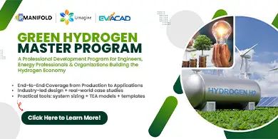Banner for Green Hydrogen Master Program featuring wind turbines, hydrogen storage tank, and a hand holding a glowing light bulb with a tree on stacked coins, promoting a professional development program with a 'Click Here to Learn More!' button.