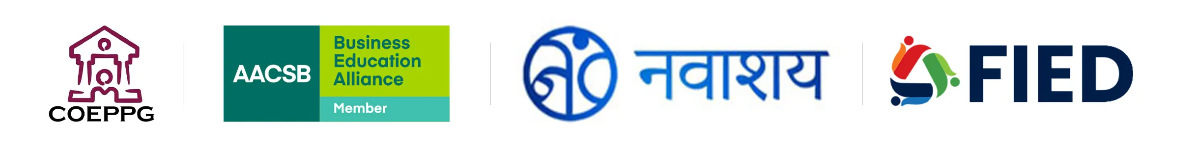 Four logos: COEPPG with a house and person icon, AACSB Business Education Alliance Member in green, Navashray logo with Hindi text in blue, and FIED with stylized multicolor people forming a circle.