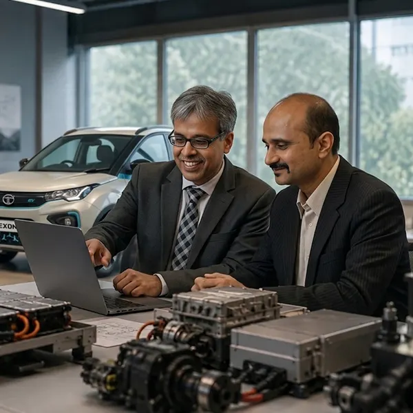 Vikrant Vaidya & Rahul Bagdia looking at laptop with electric car parts and a Tata EV car in the background.