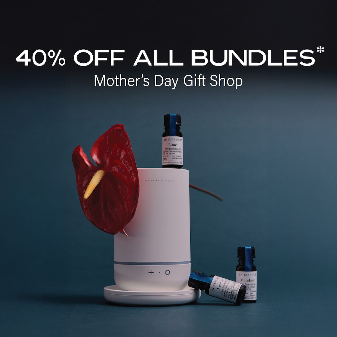 An ad that features an air purifier and bottles of essential oils