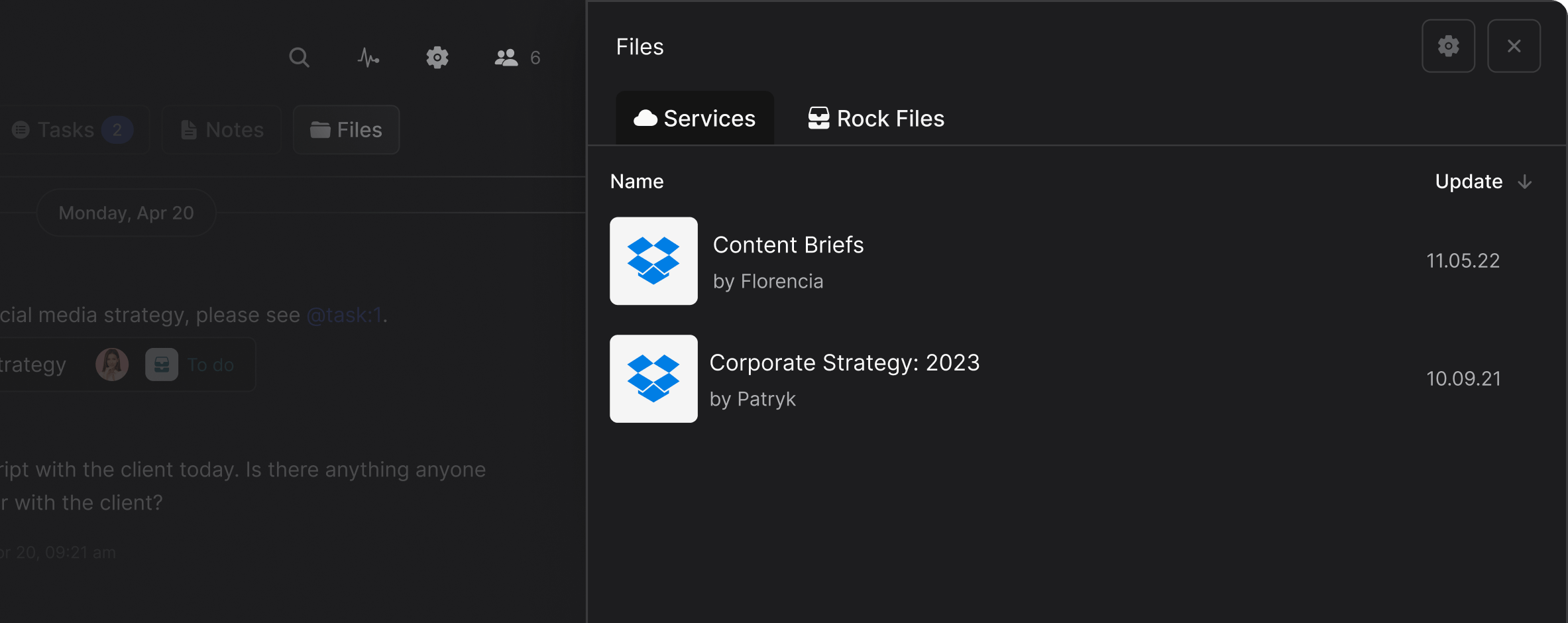 Rock files mini-app highlighting the Dropbox Integration