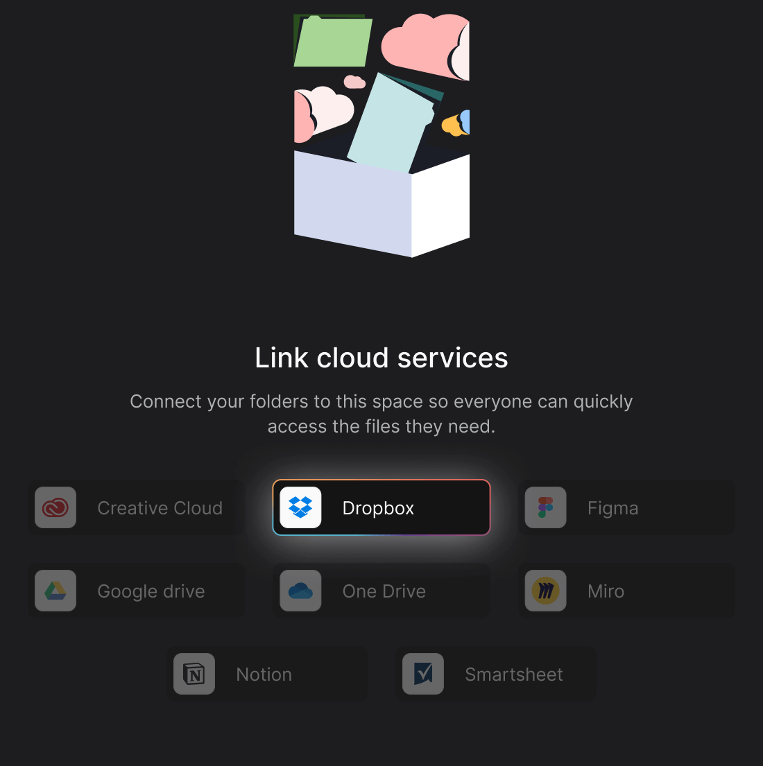 Cloud integrations panel in the Files mini-app highlighting Dropbox