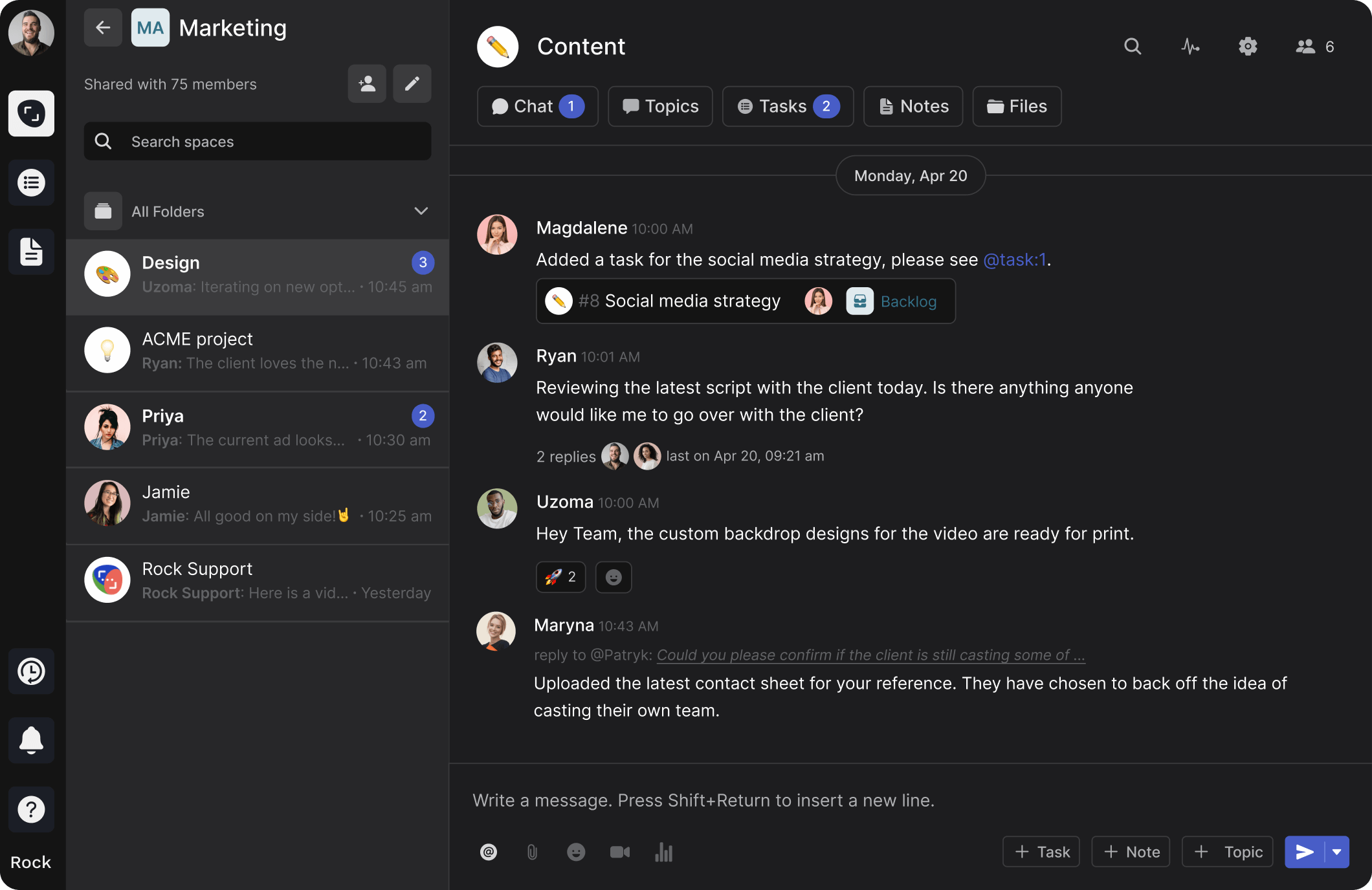 rock all-in-one messaging platform: chat, tasks, notes, files and meetings in one place