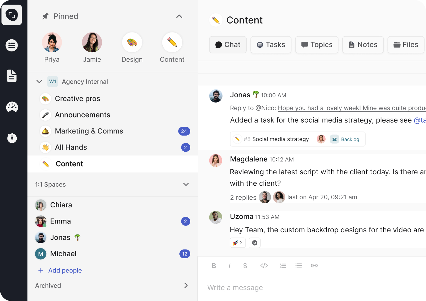 rock all-in-one messaging platform: chat, tasks, notes, files and meetings in one place