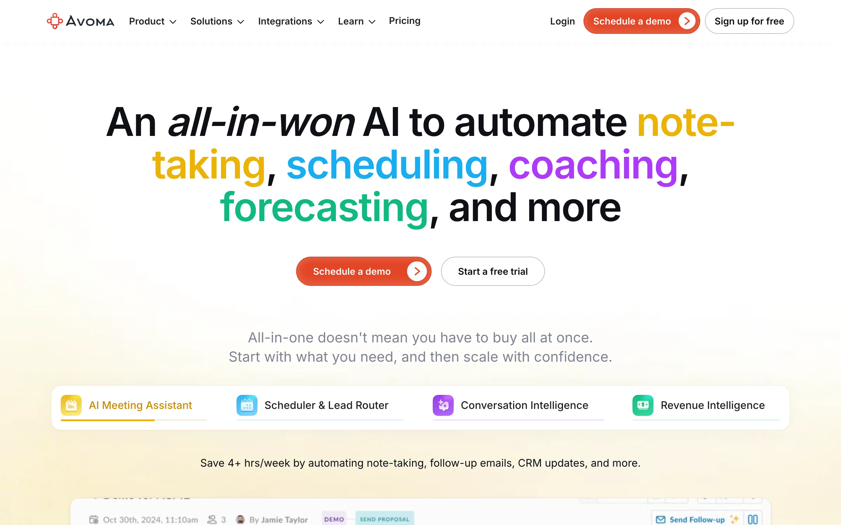 Avoma AI meeting assistant landing page for sales and revenue teams