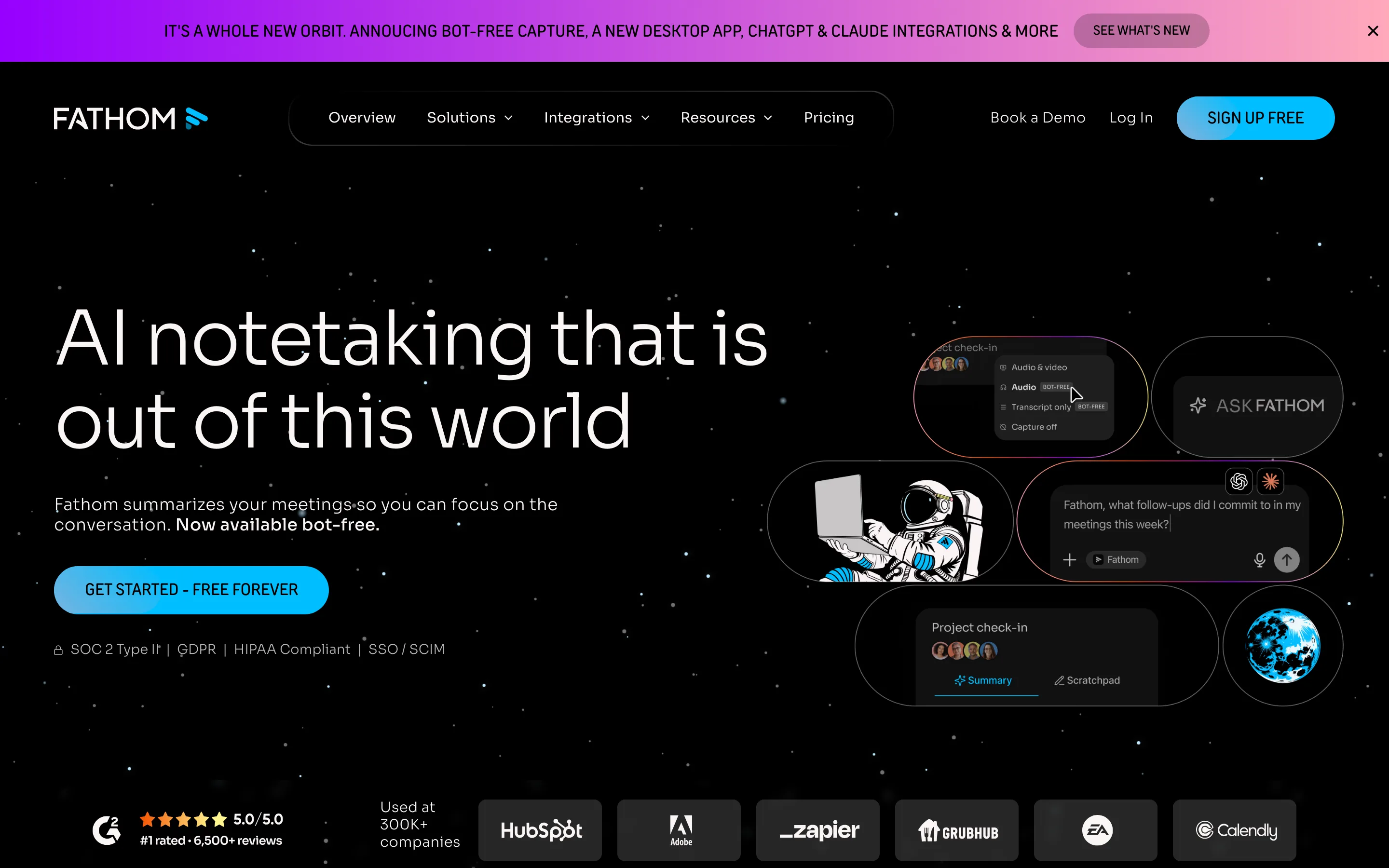 Fathom AI notetaker landing page with free unlimited recording