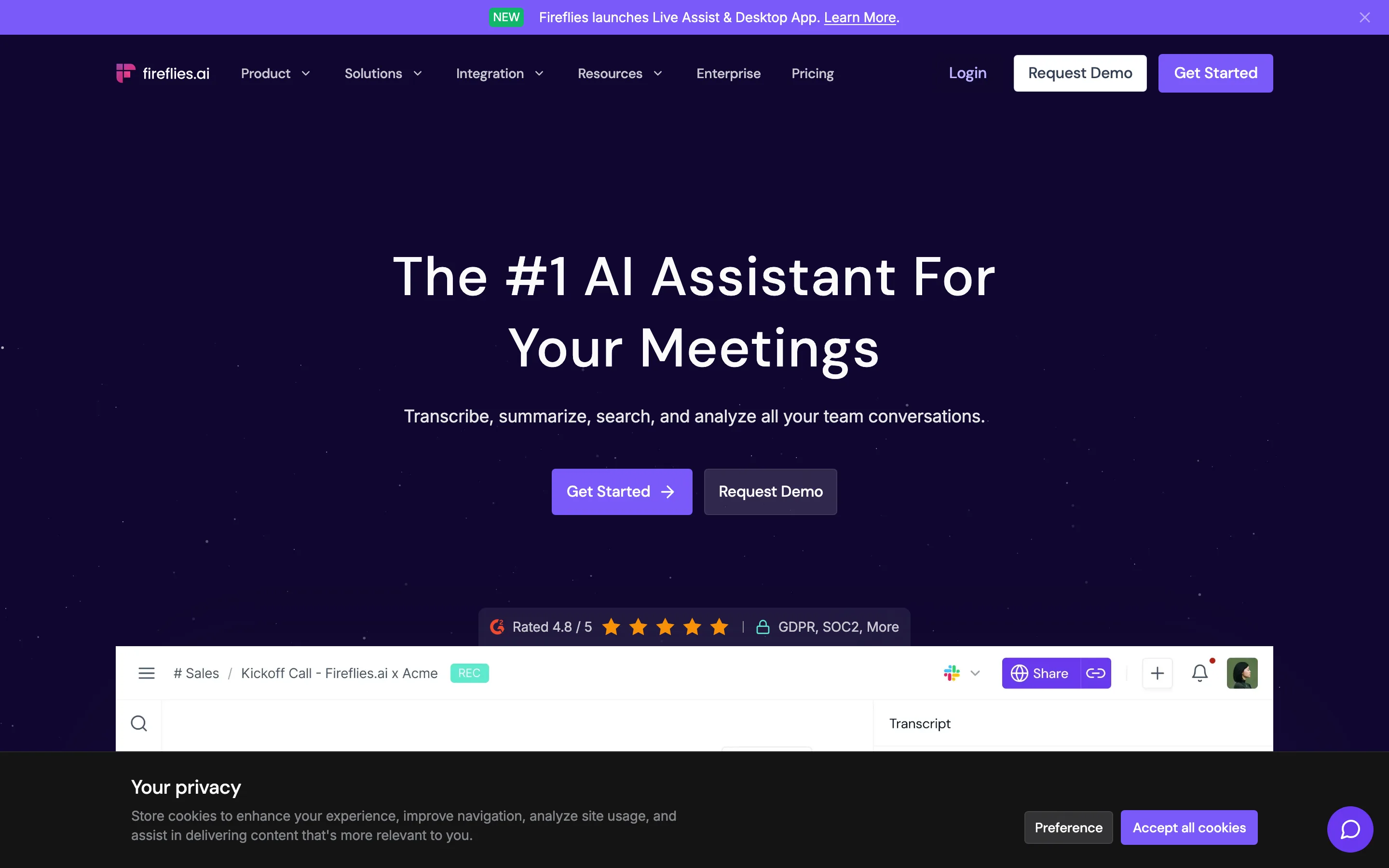 Fireflies AI meeting assistant landing page showing transcription features