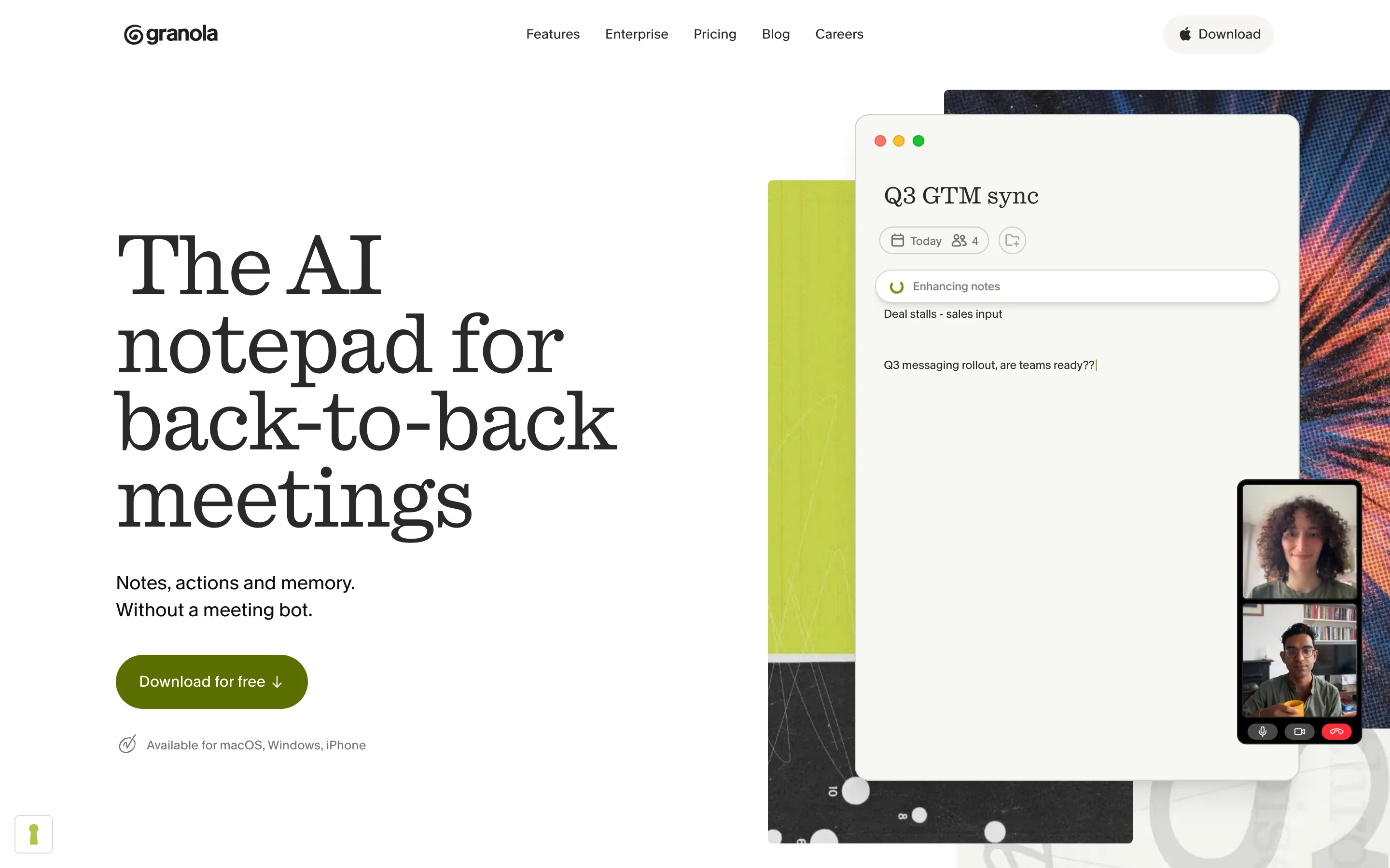 Granola AI meeting assistant landing page showing bot-less note taking