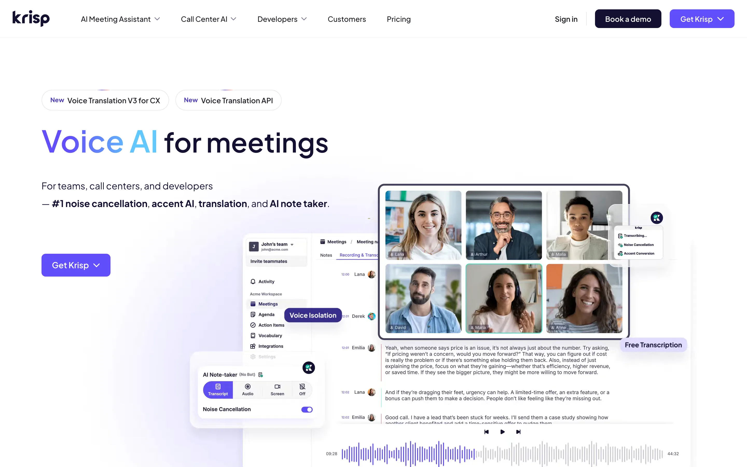 Krisp AI meeting assistant landing page with noise cancellation
