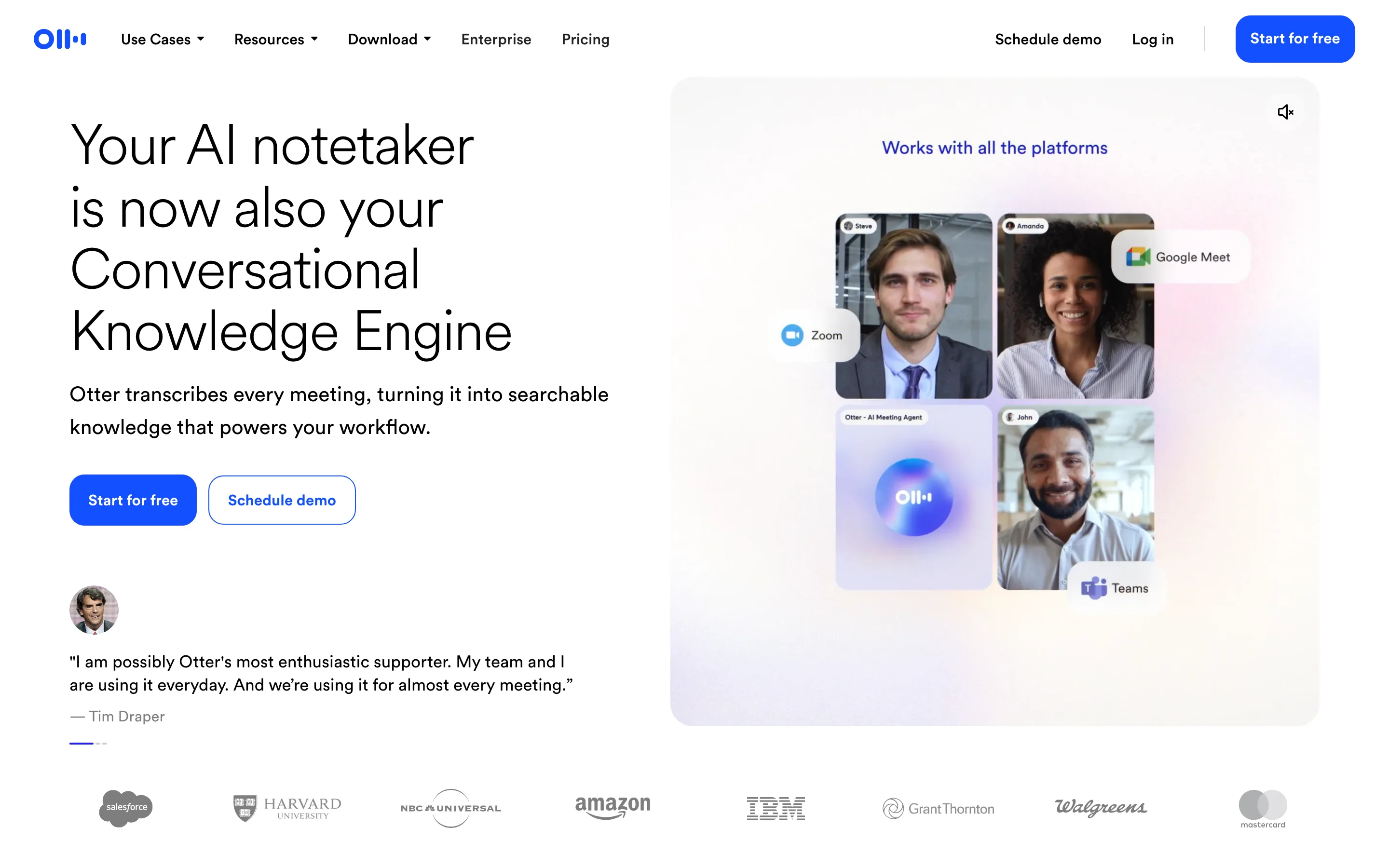Otter AI meeting assistant landing page showing transcription and insights