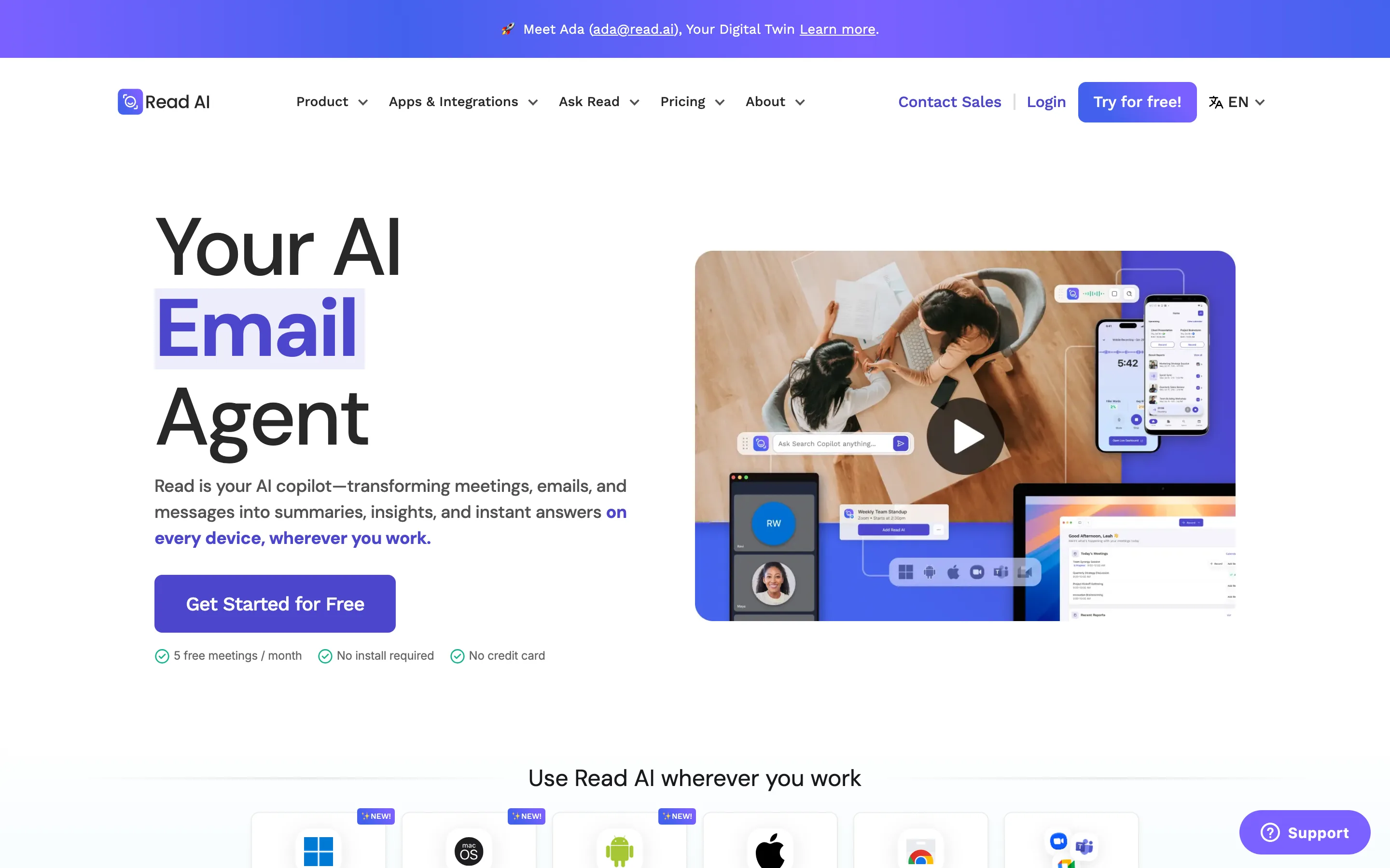 Read AI landing page showing meeting summaries and enterprise search