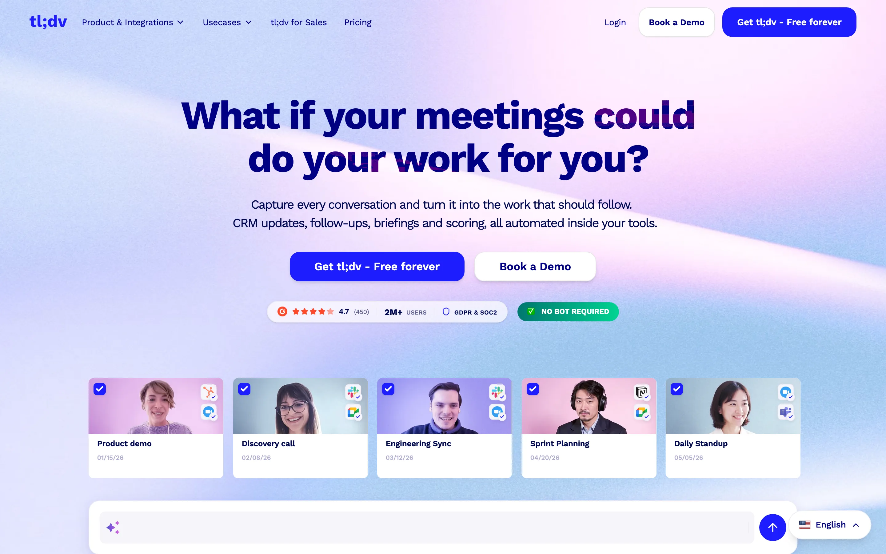 tl;dv AI notetaker landing page built for team collaboration