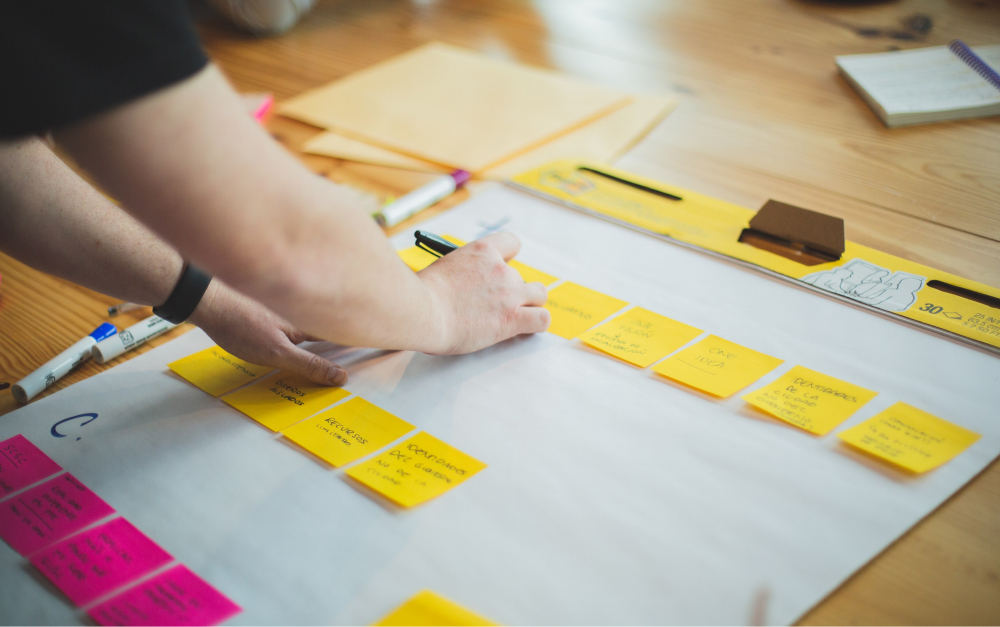 A person organizing sticky notes to plan a simple first week of using AI