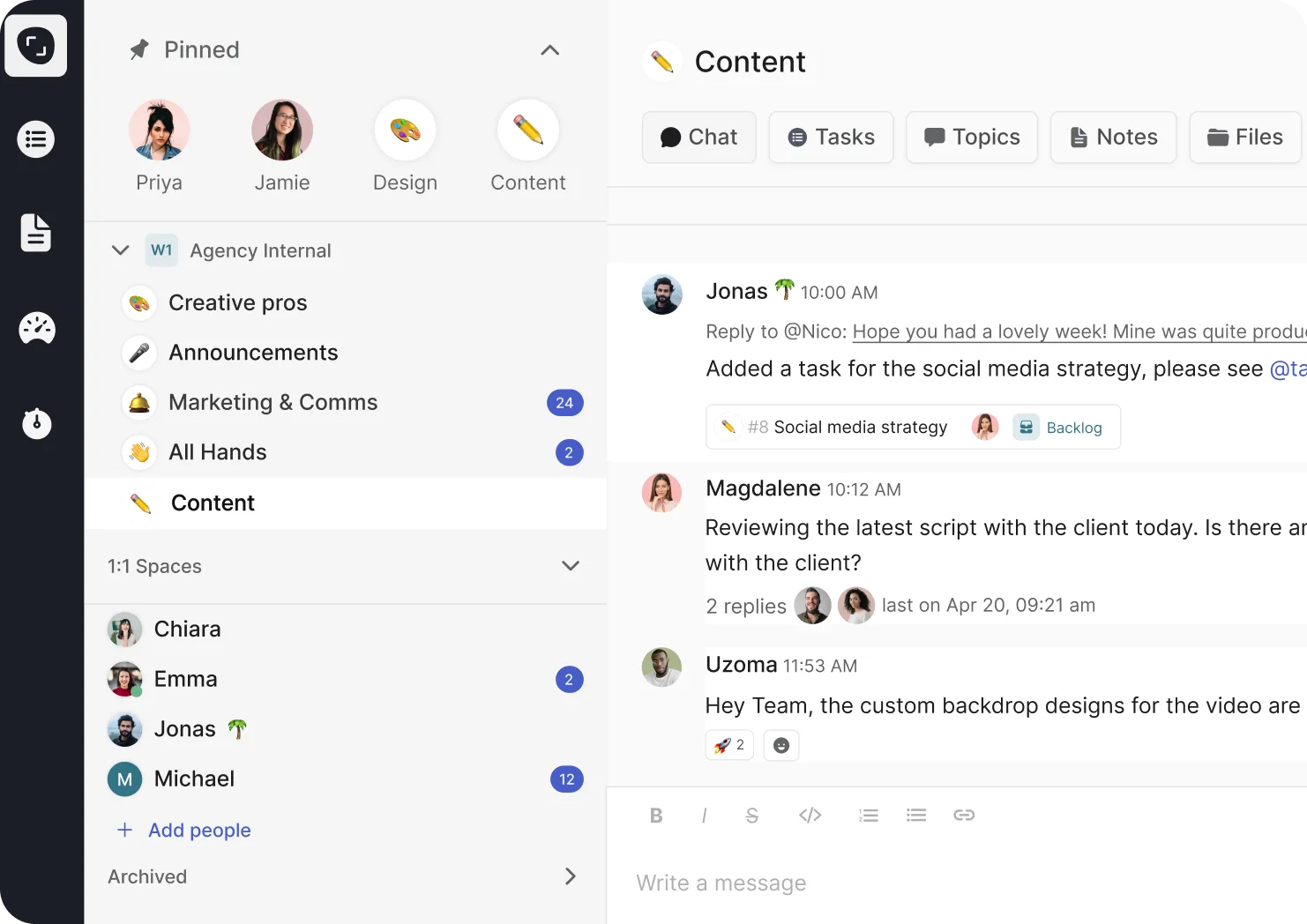 Rock web app — a client space showing chat and tasks side by side