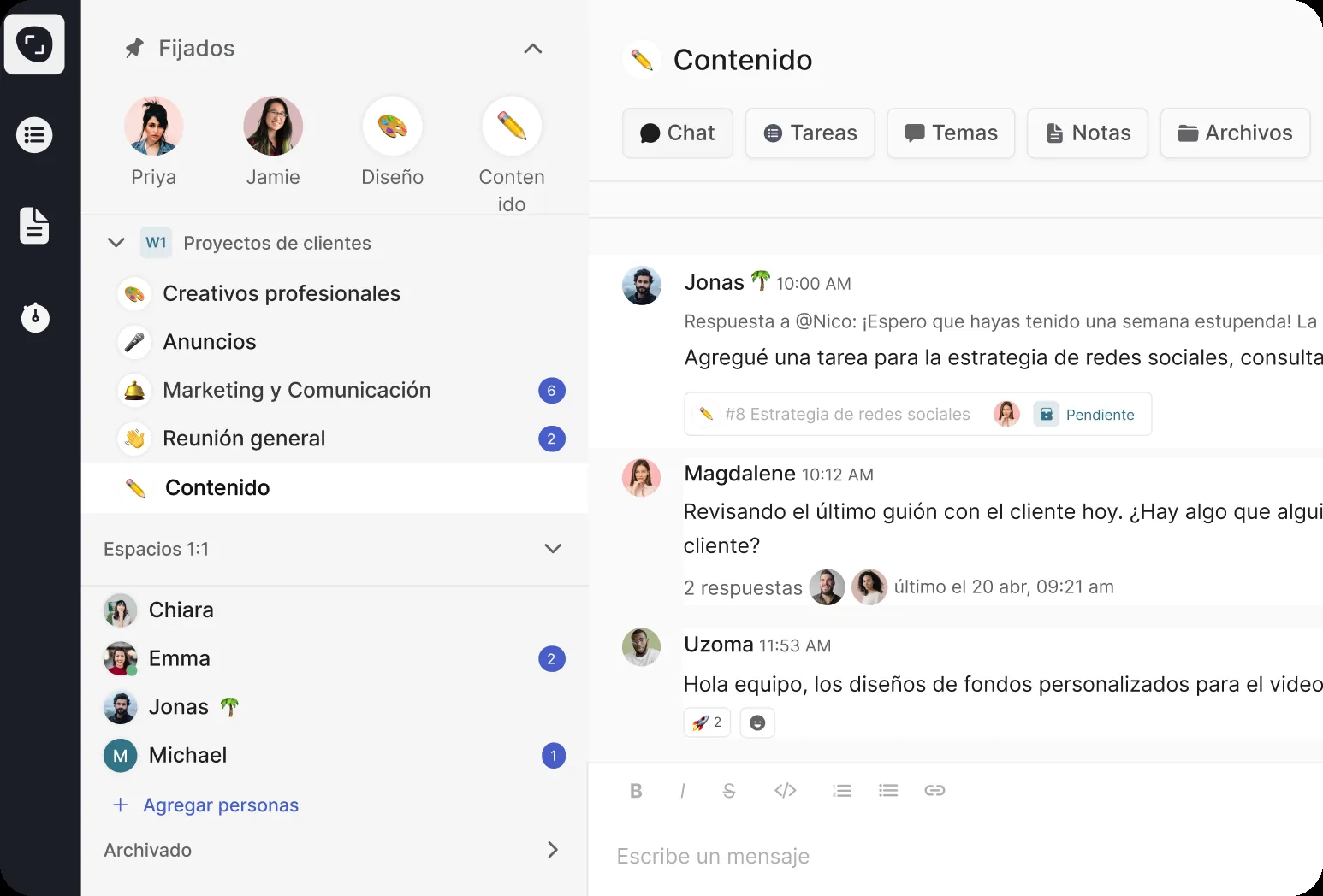 App web de Rock: un espacio de cliente con el chat y las tareas lado a lado