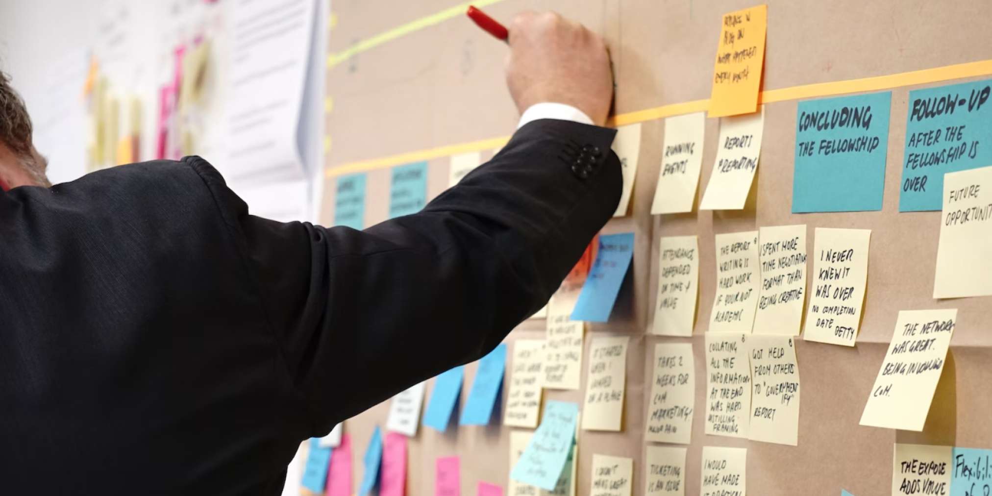 Team reviewing a client working agreement document together with notes and sticky markers