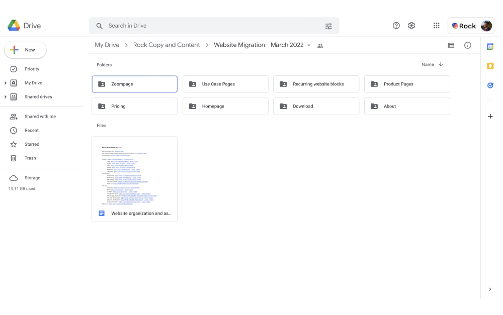 Managing web projects by using Google Drive for file storage and content writing. Example of a website cloud documentation for case study of Rock.so website