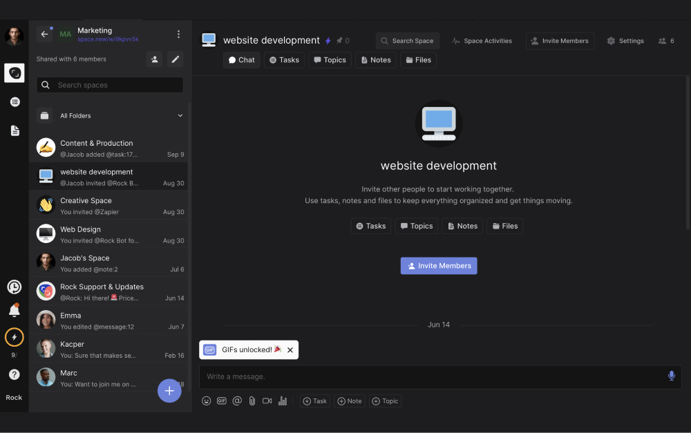 Website project management space example Rock: Project management template with chat, tasks, topics, notes files and meetings
