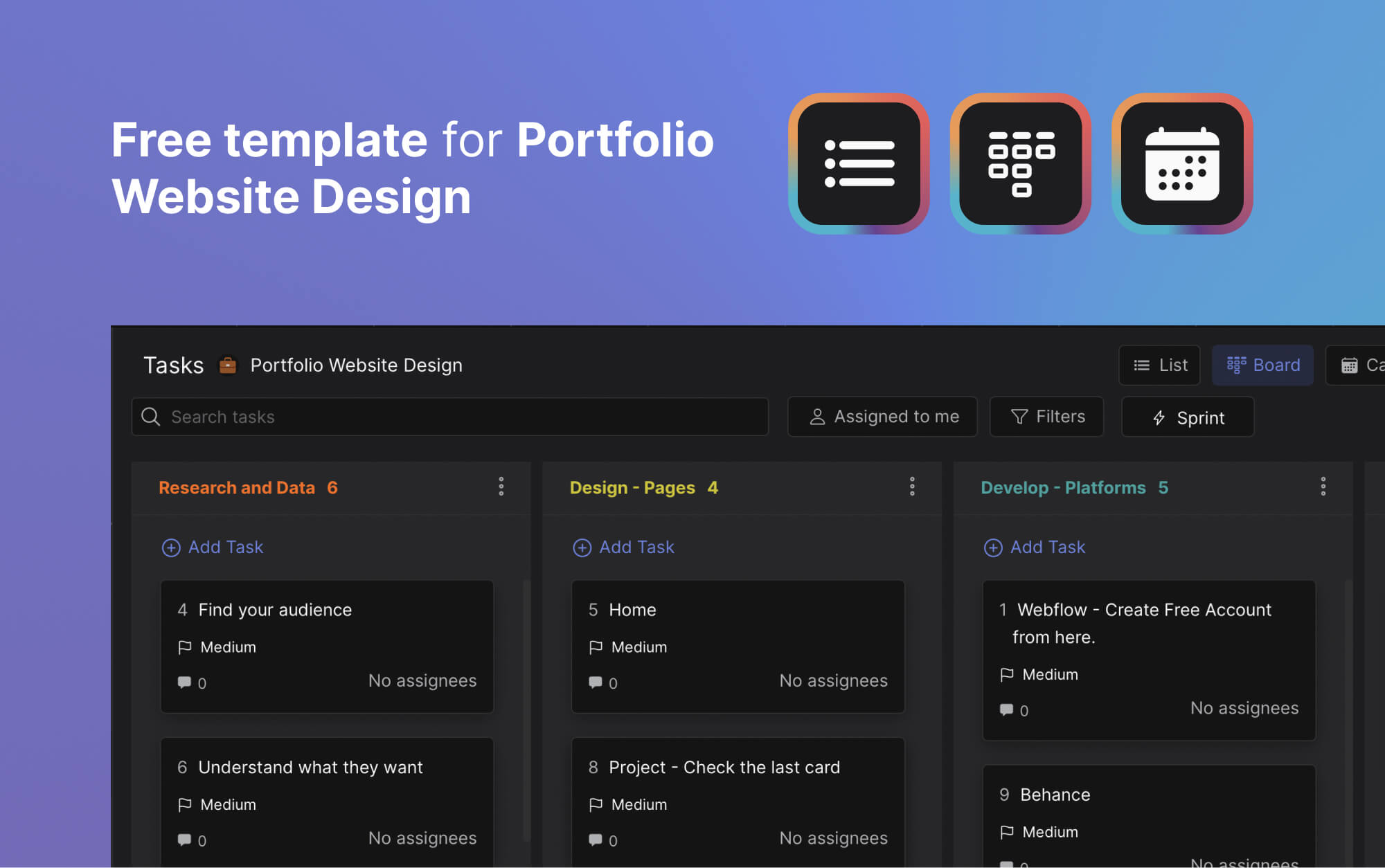 Free template for portfolio website design preview: Task board with multiple lists and task cards