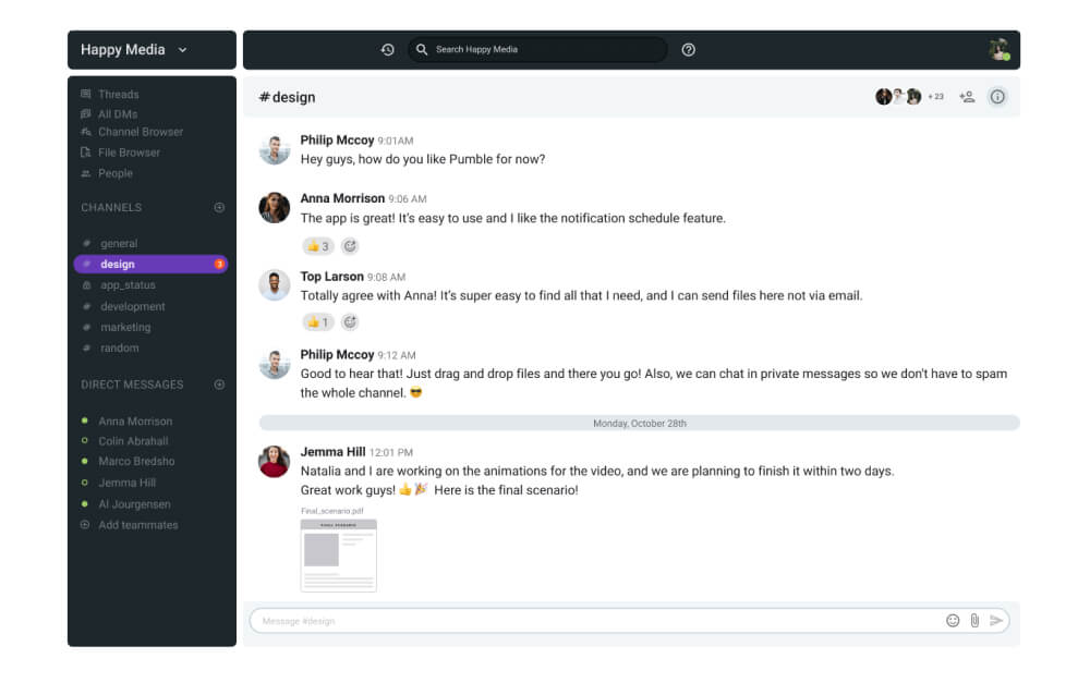 Pumble team messaging interface showing channels and conversations