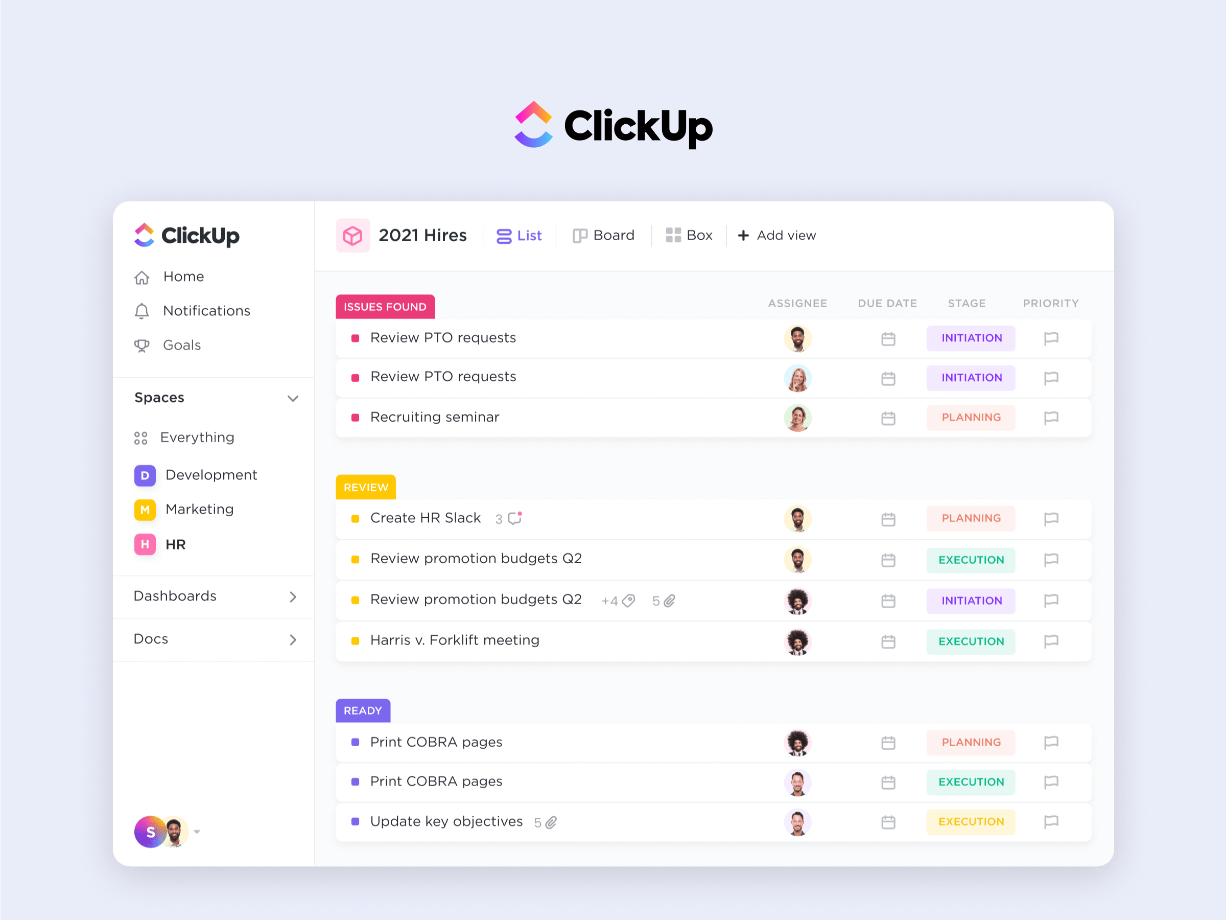 ClickUp task management interface showing features and views
