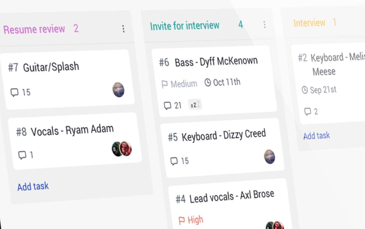 Task board with columns showing tasks organized by status