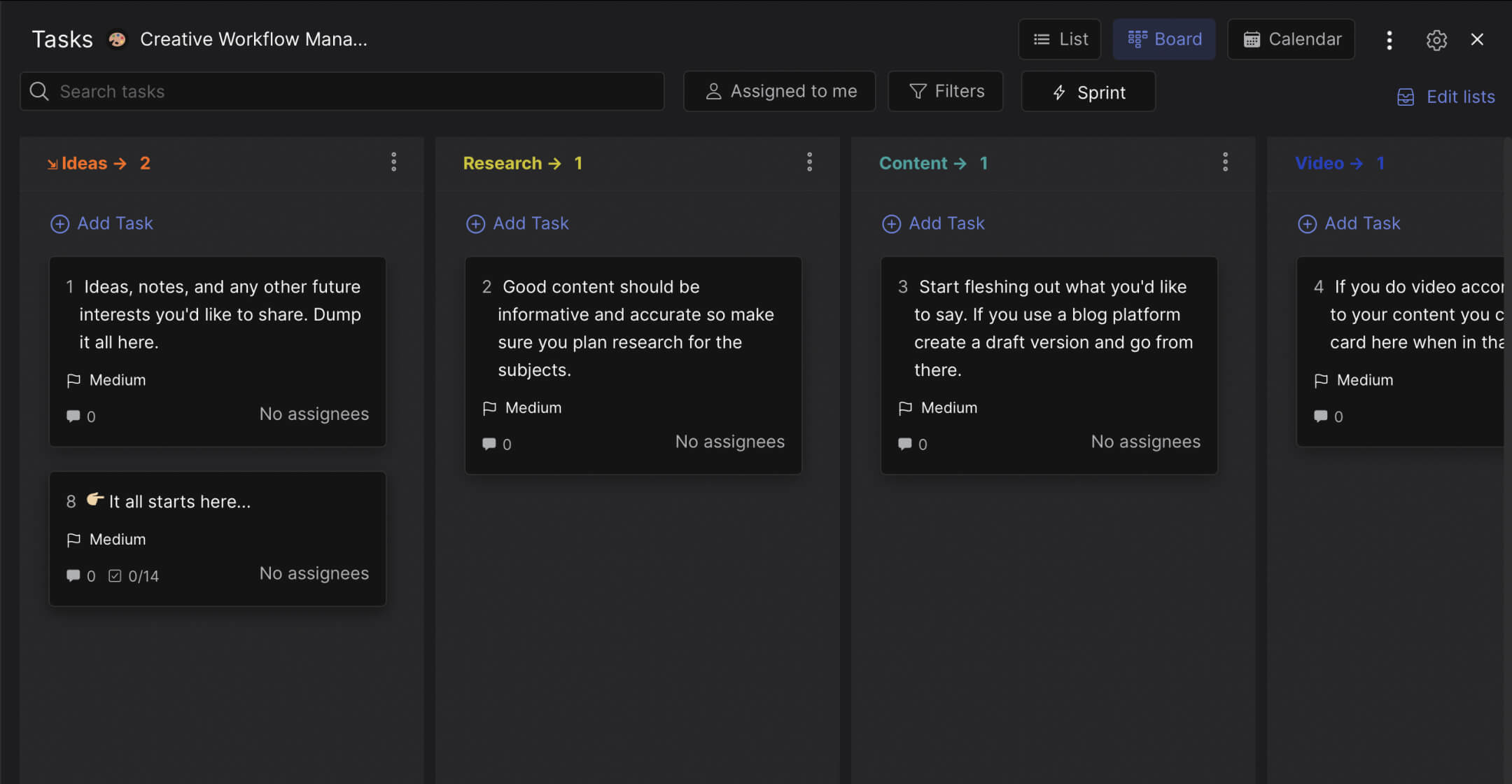 Creative workflow management template preview showing content projects organized from ideas through publishing and social promotion