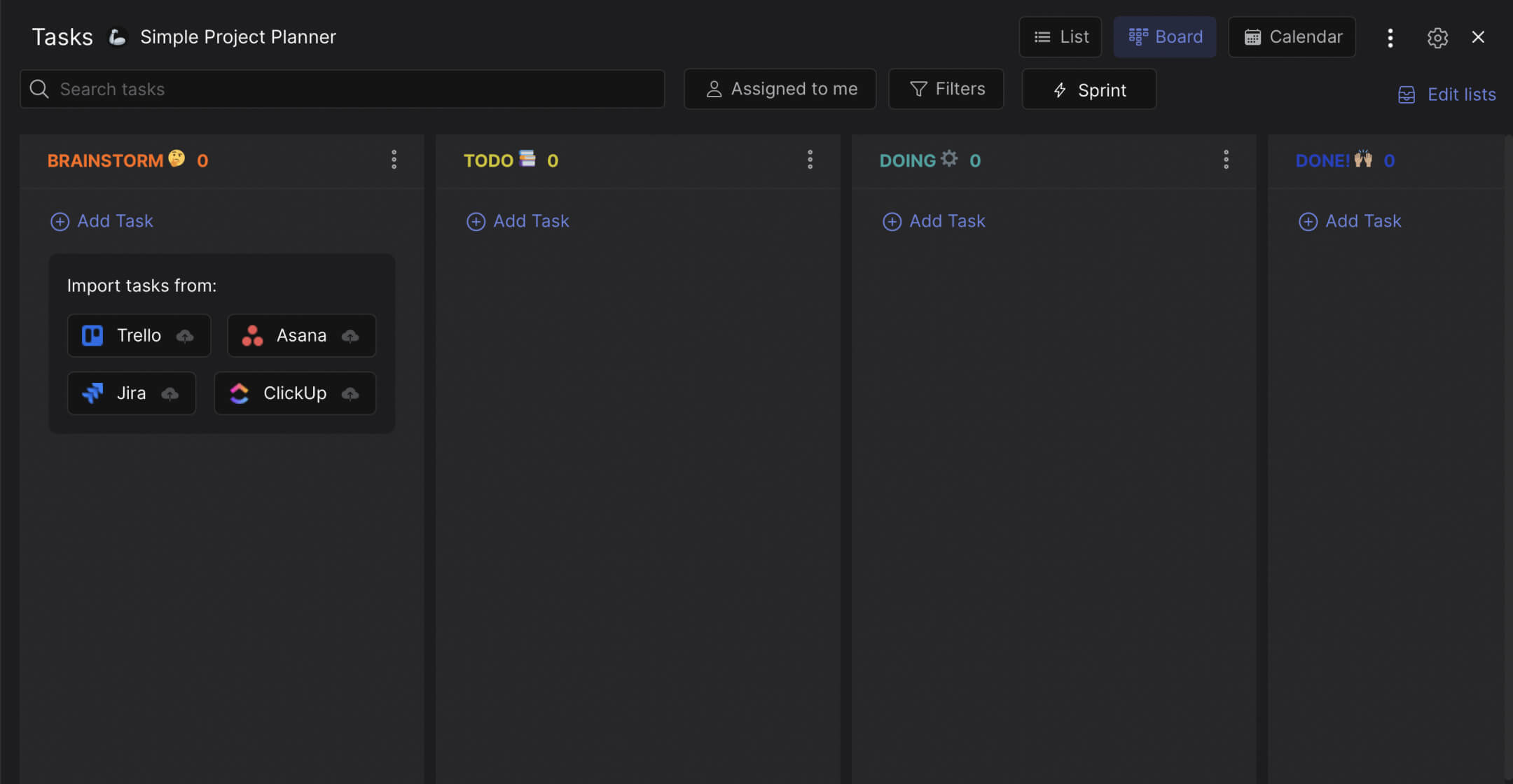 Simple project planner template preview with four columns: brainstorm, todo, doing, and done