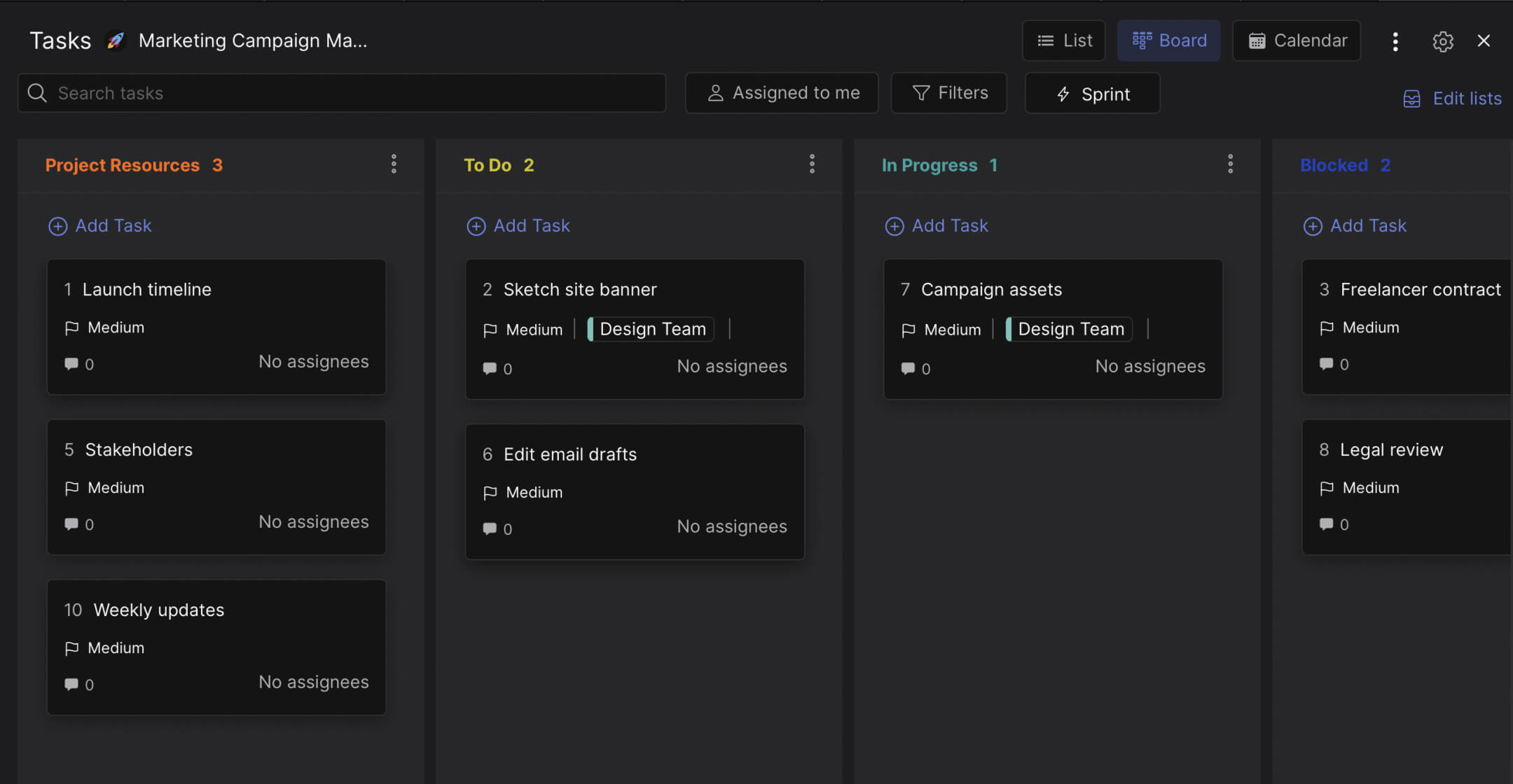 Marketing campaign management template preview showing campaign tasks organized from project resources through reporting