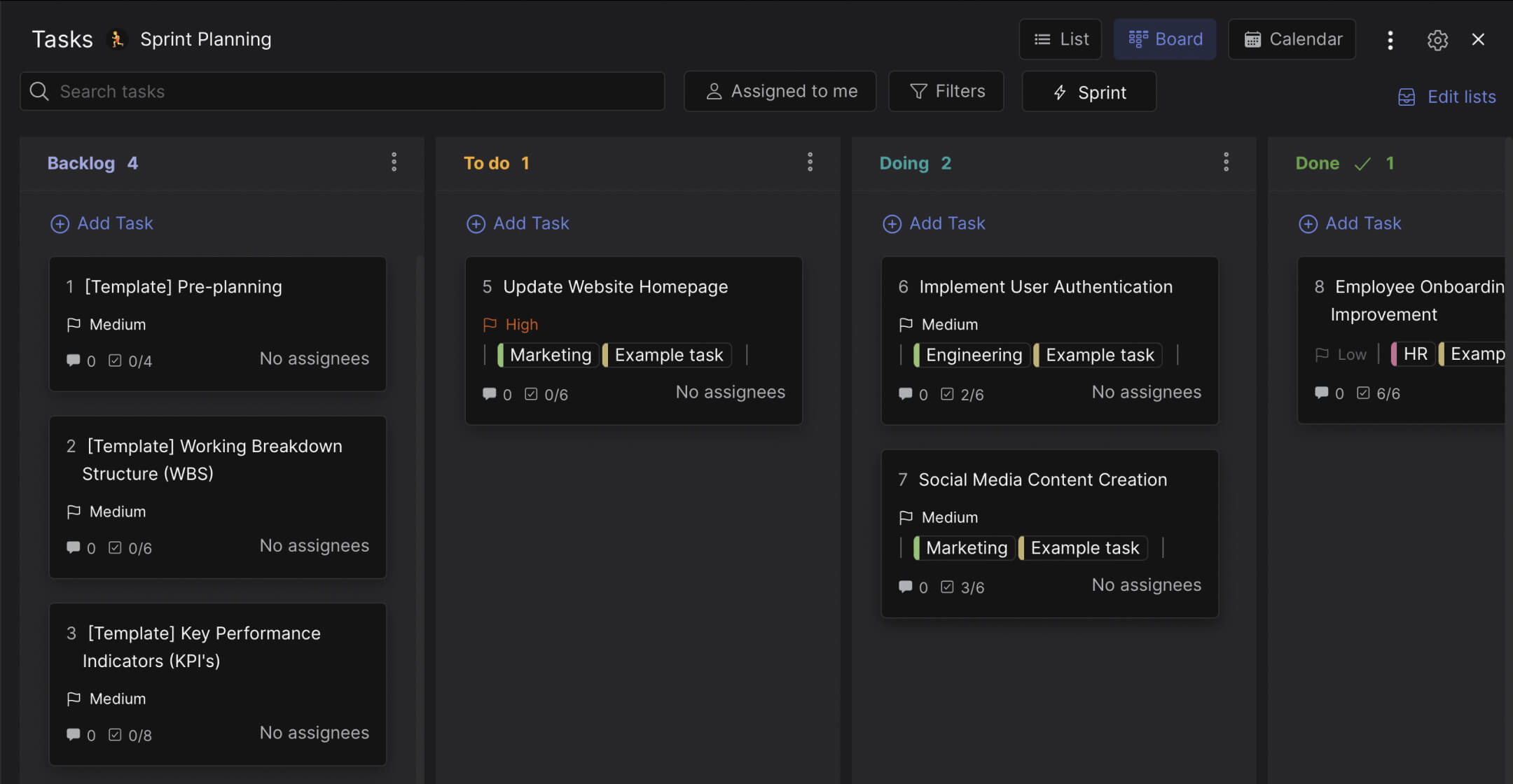 Agile sprint planning template preview showing backlog with guide cards and sprint tasks organized by status