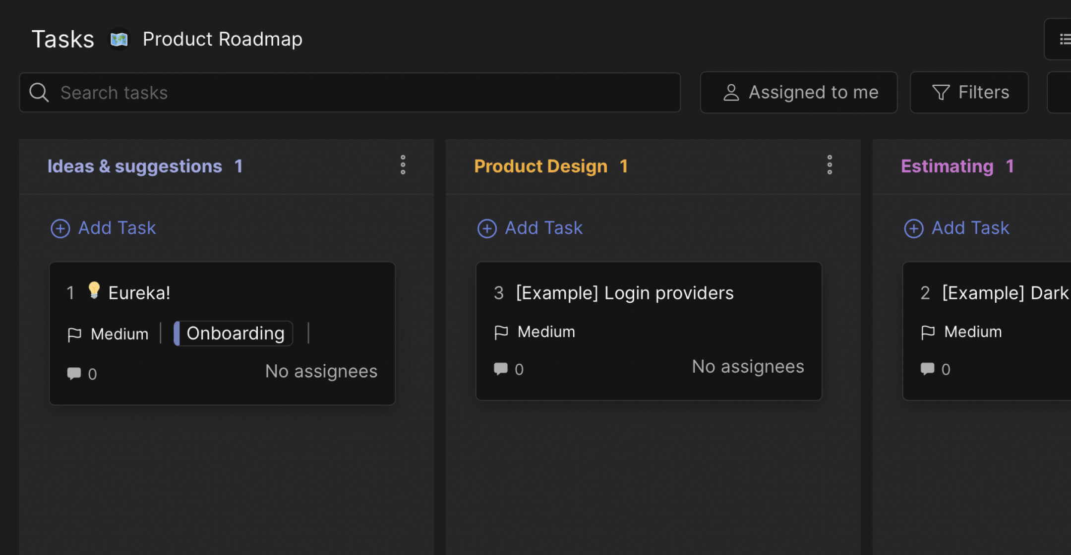Product roadmap template preview showing features organized from ideas through design, estimating, development, and done