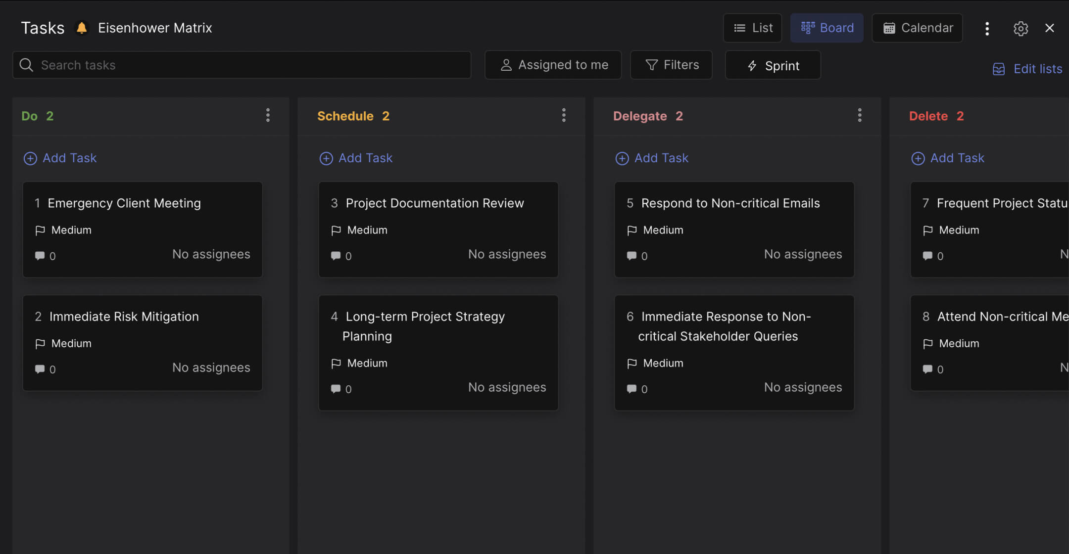 Eisenhower matrix template preview showing tasks organized into Do, Schedule, Delegate, and Delete columns