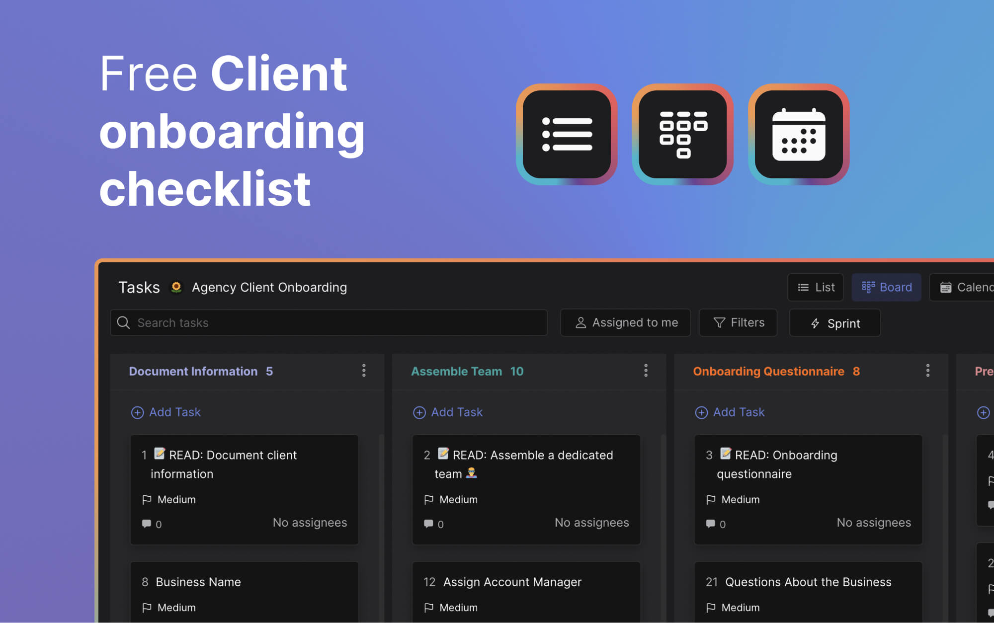 Client onboarding checklist template preview showing tasks organized by stage, from preparing accounts to sending a welcome letter.