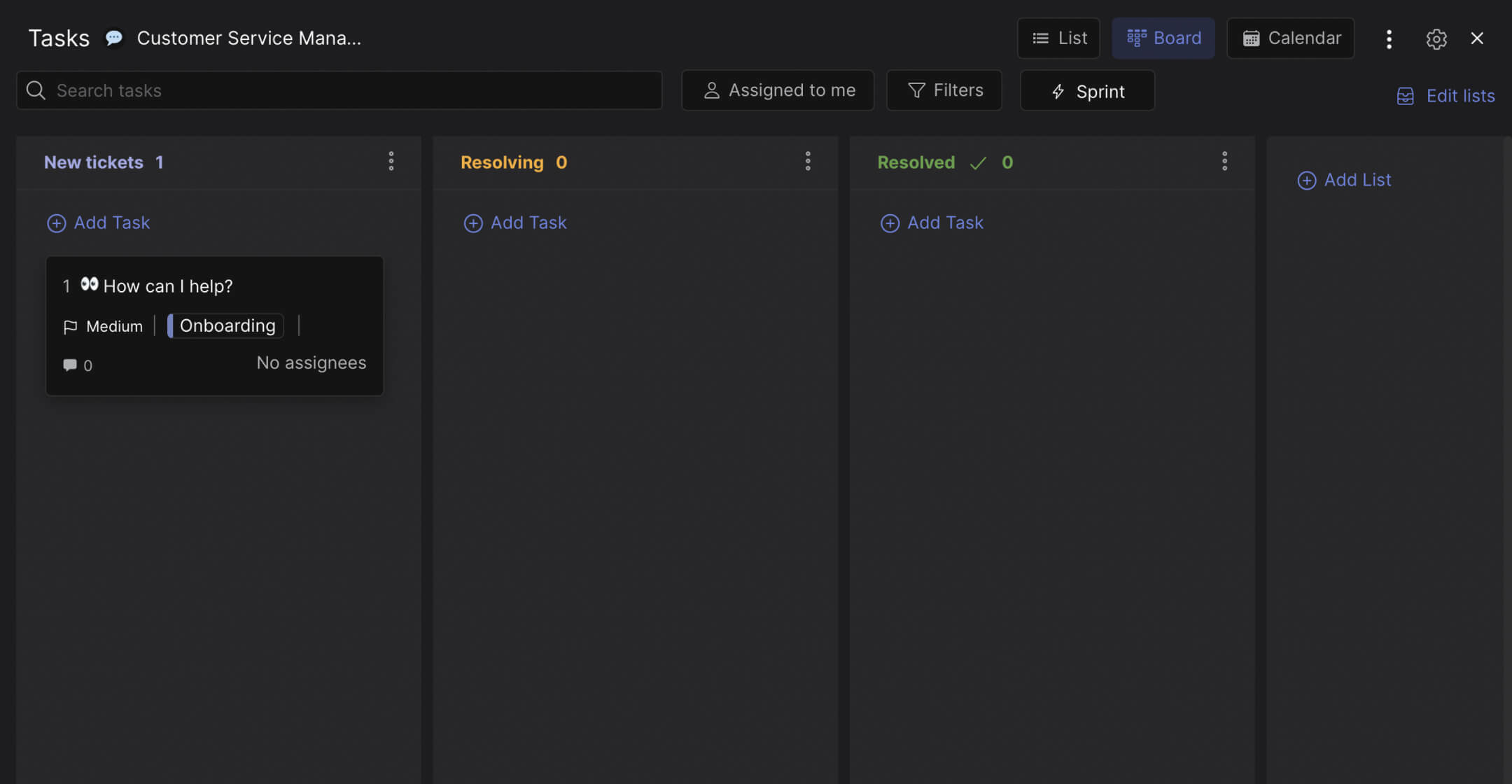 Customer service management template preview showing client requests organized from new tickets through resolving to resolved