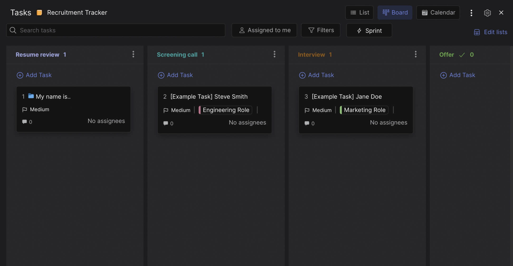 Recruitment tracker template preview showing candidates organized from resume review through screening, interview, offer, and reject
