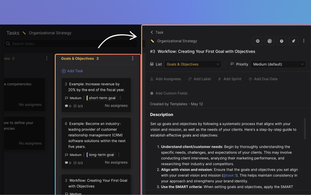 Rock workspace showing goals and objectives in task board