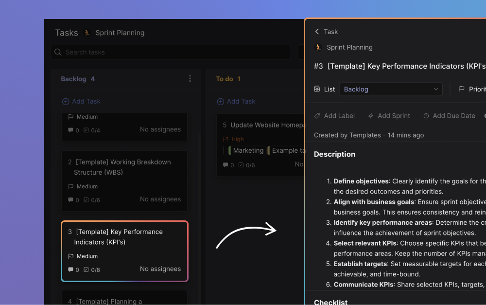 Sprint planning with KPIs in Rock task board