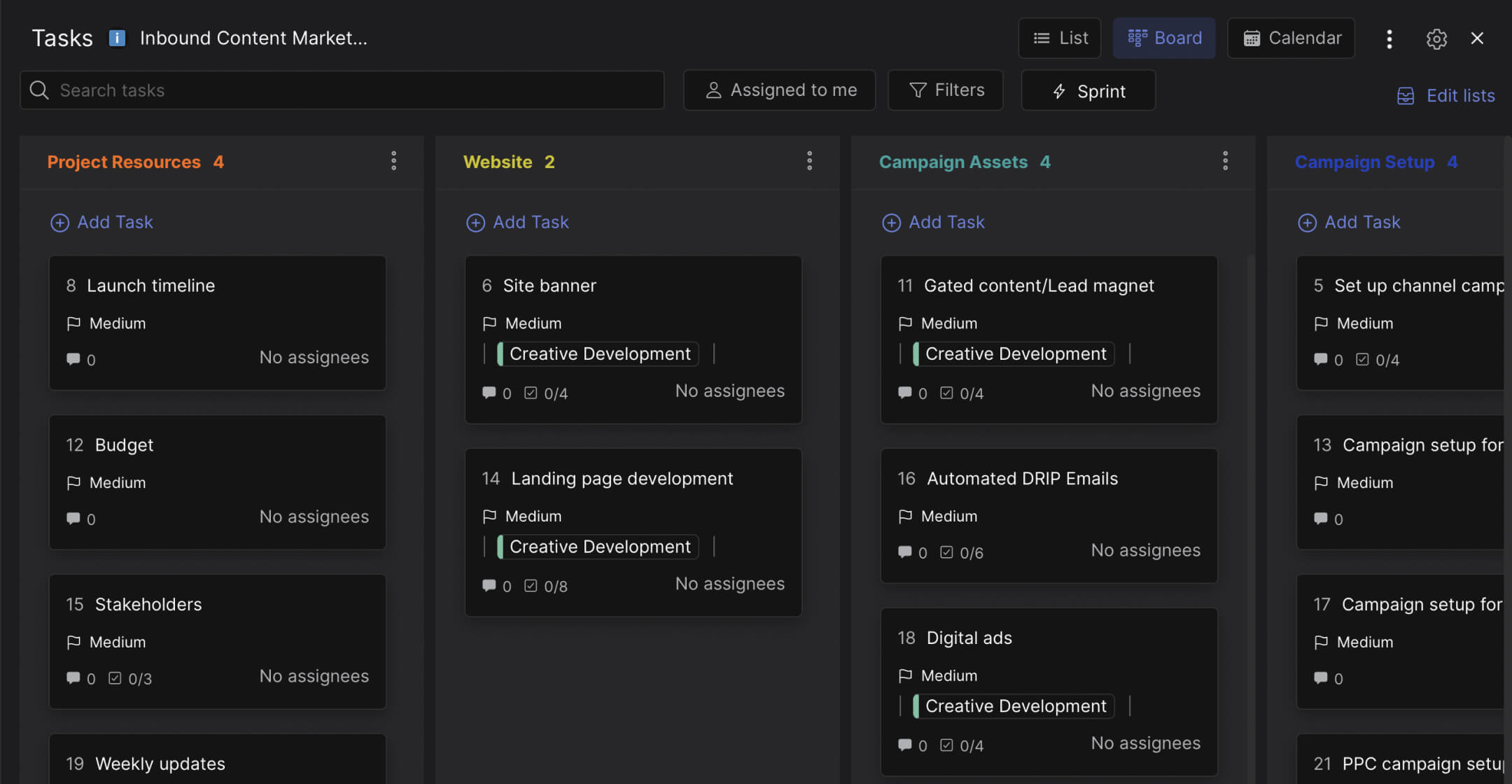 Inbound content marketing template preview showing tasks organized from project resources through to-do, in progress, blocked, and done