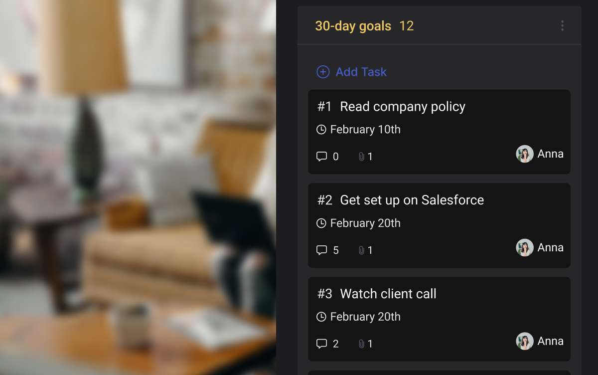 30-day goals and review tracked in a shared workspace