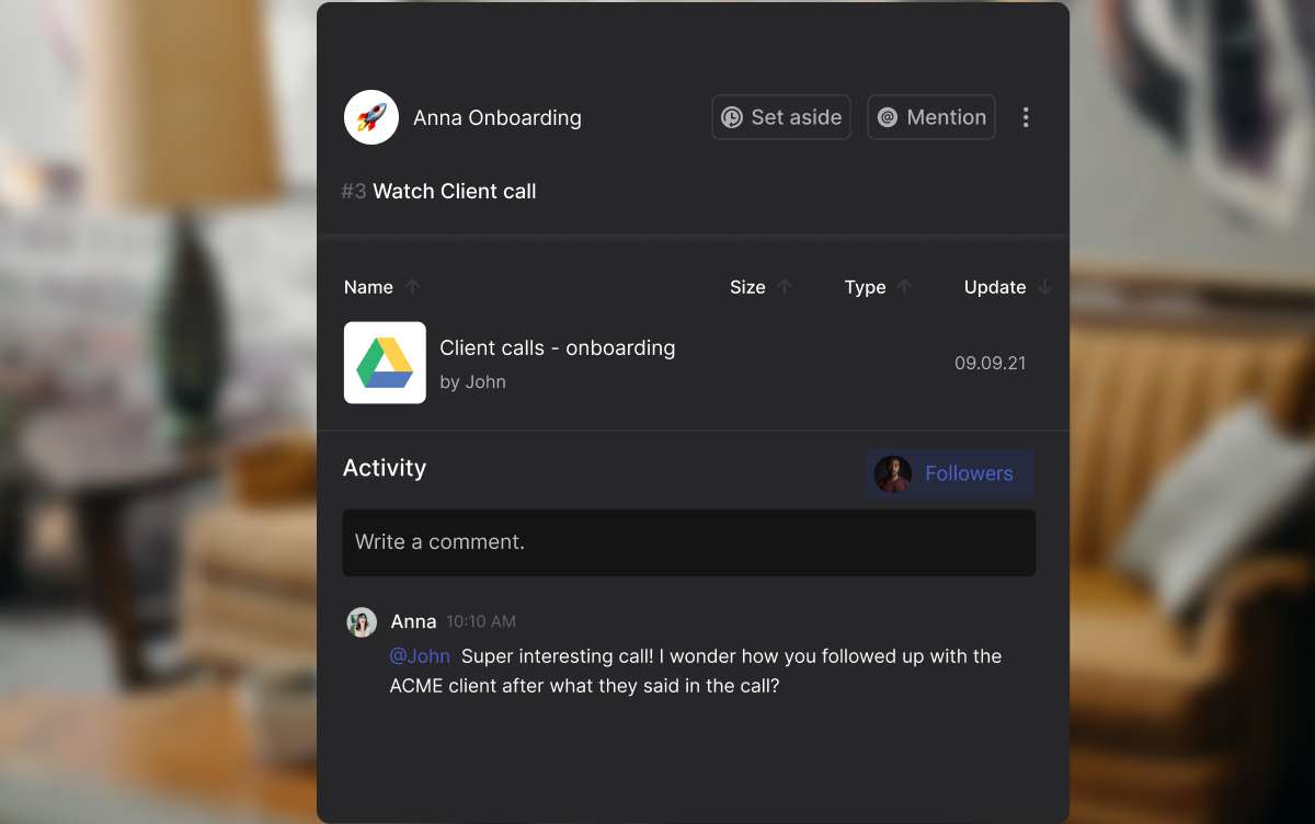 Rock workspace showing tasks and team discussions in one view