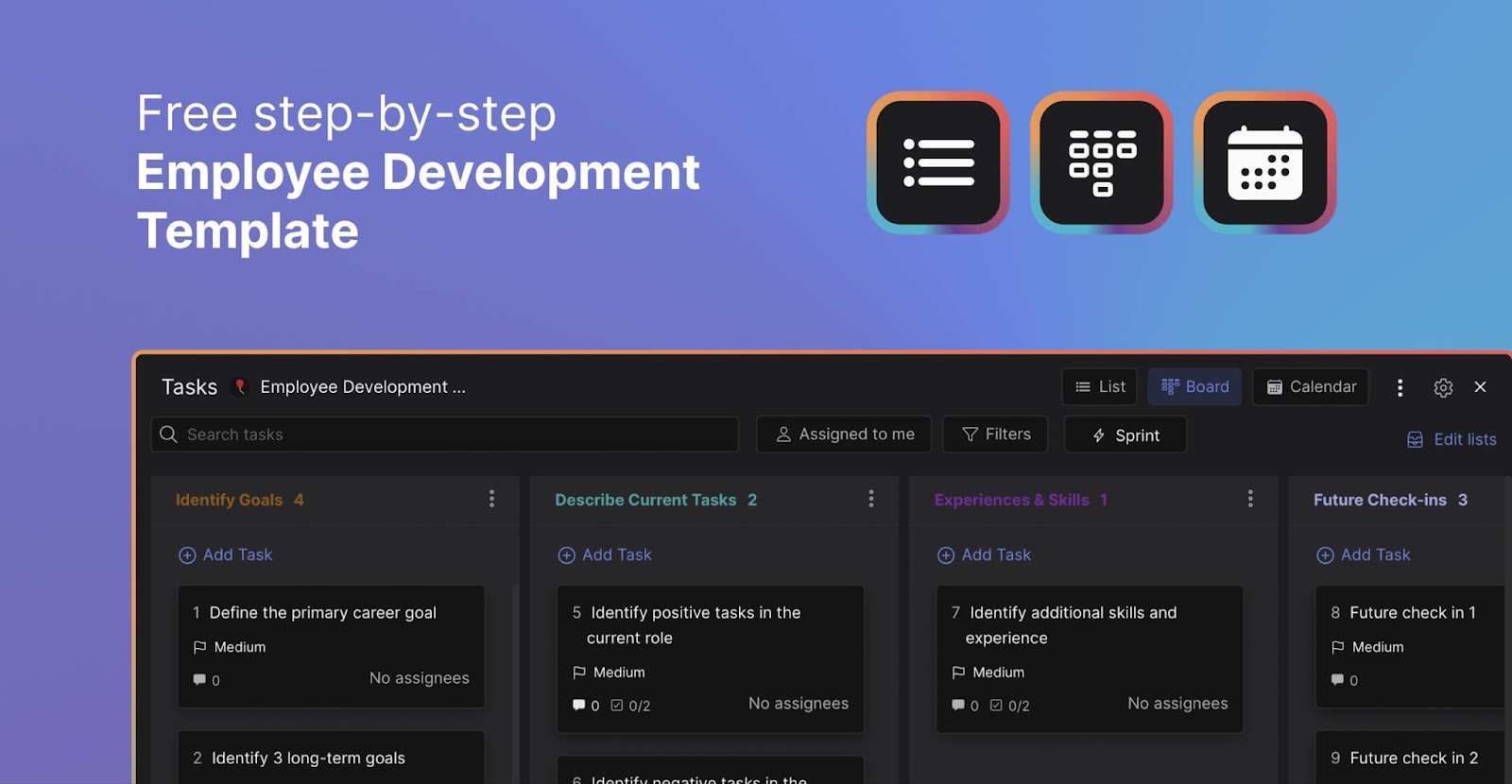 Employee development plan template preview showing goals, current tasks, skills, and scheduled check-ins organized on a board