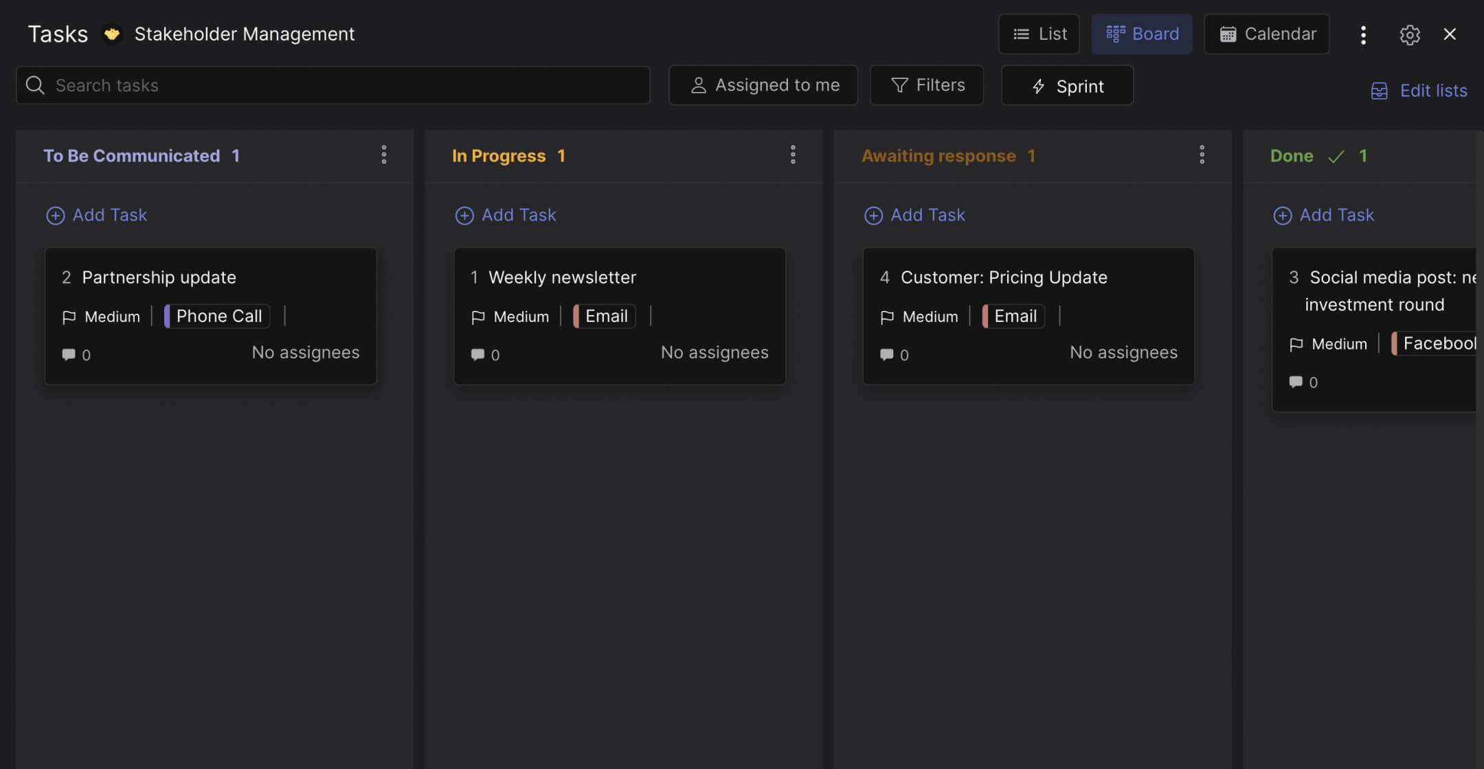 Stakeholder engagement plan template preview showing communications organized from to-be-communicated through awaiting response to done