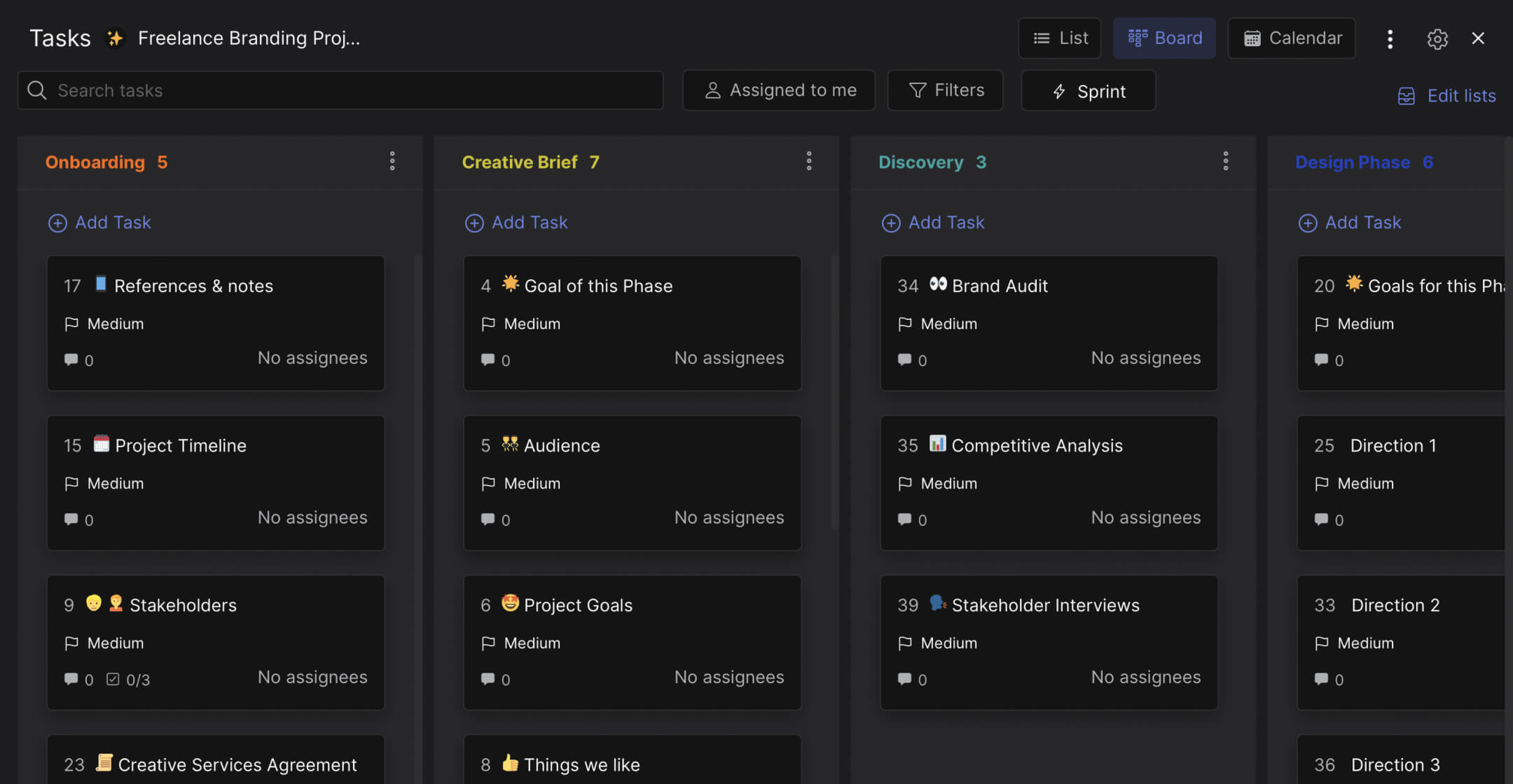 Branding design process template preview showing project phases from onboarding through creative brief, discovery, design, and client review to final handoff