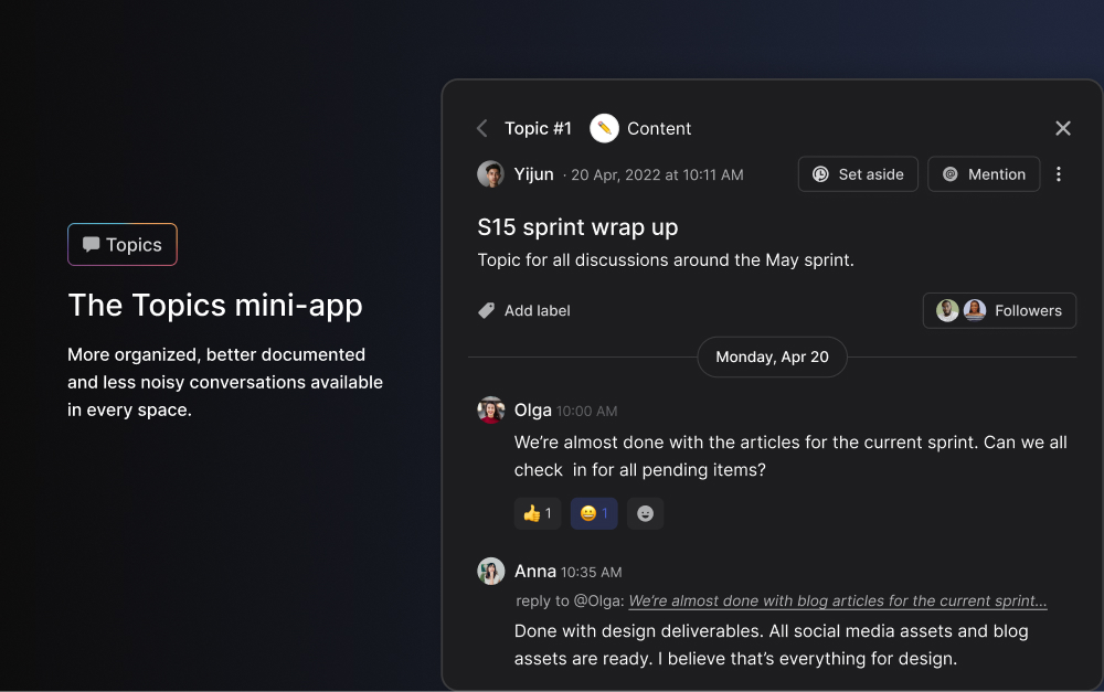 Rock Topics feature showing an organized team discussion thread