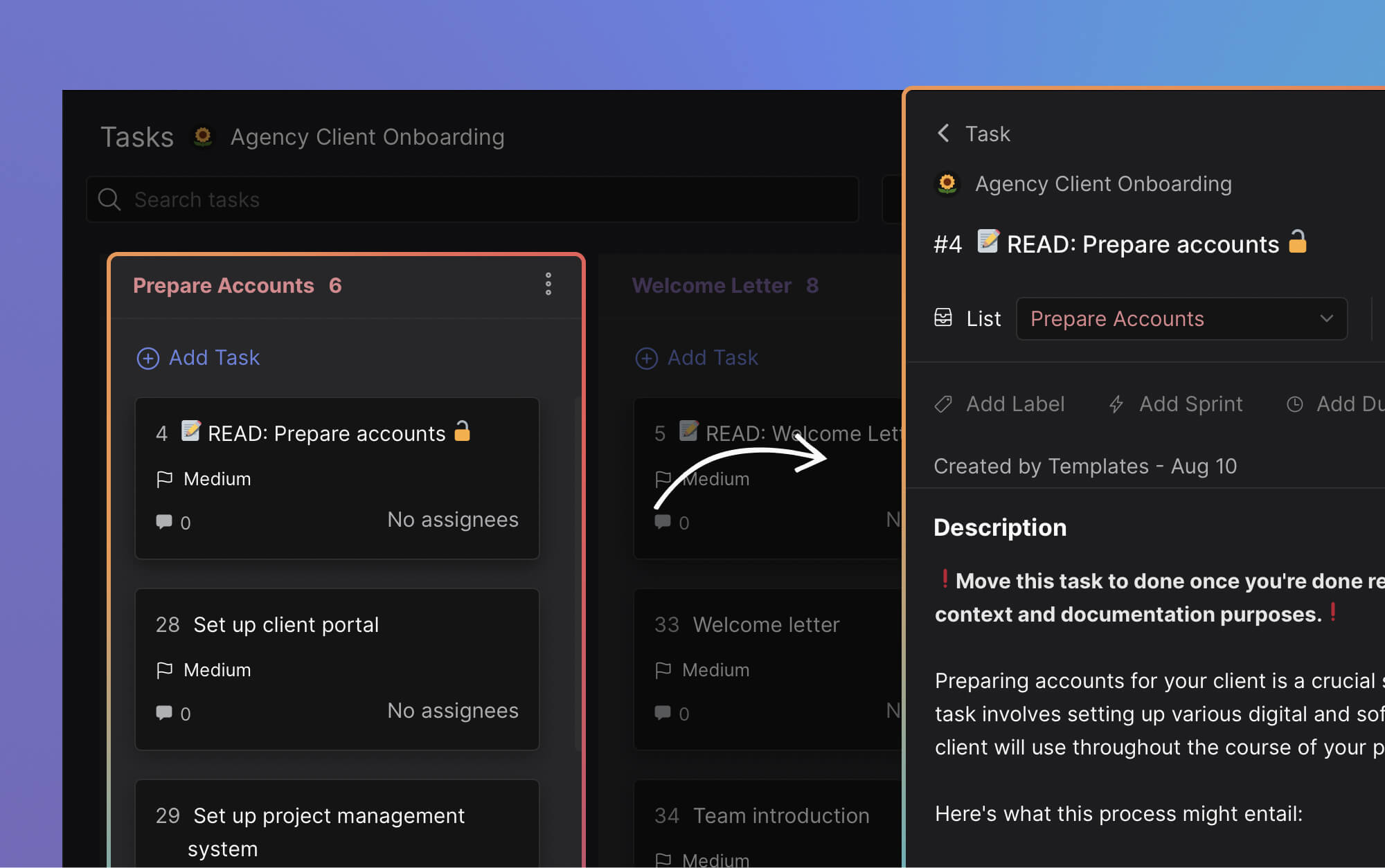 Client onboarding questionnaire shared in a workspace with tasks and access checklist